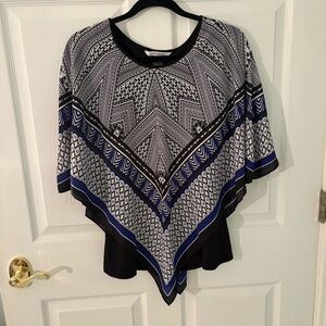 Nygard Geo Print Poncho-Style Blouse Layered Look Black Blue Batwing Top Size S